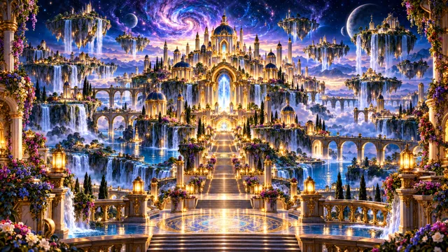Golden palaces and cascading waterfalls beneath a violet celestial sky.