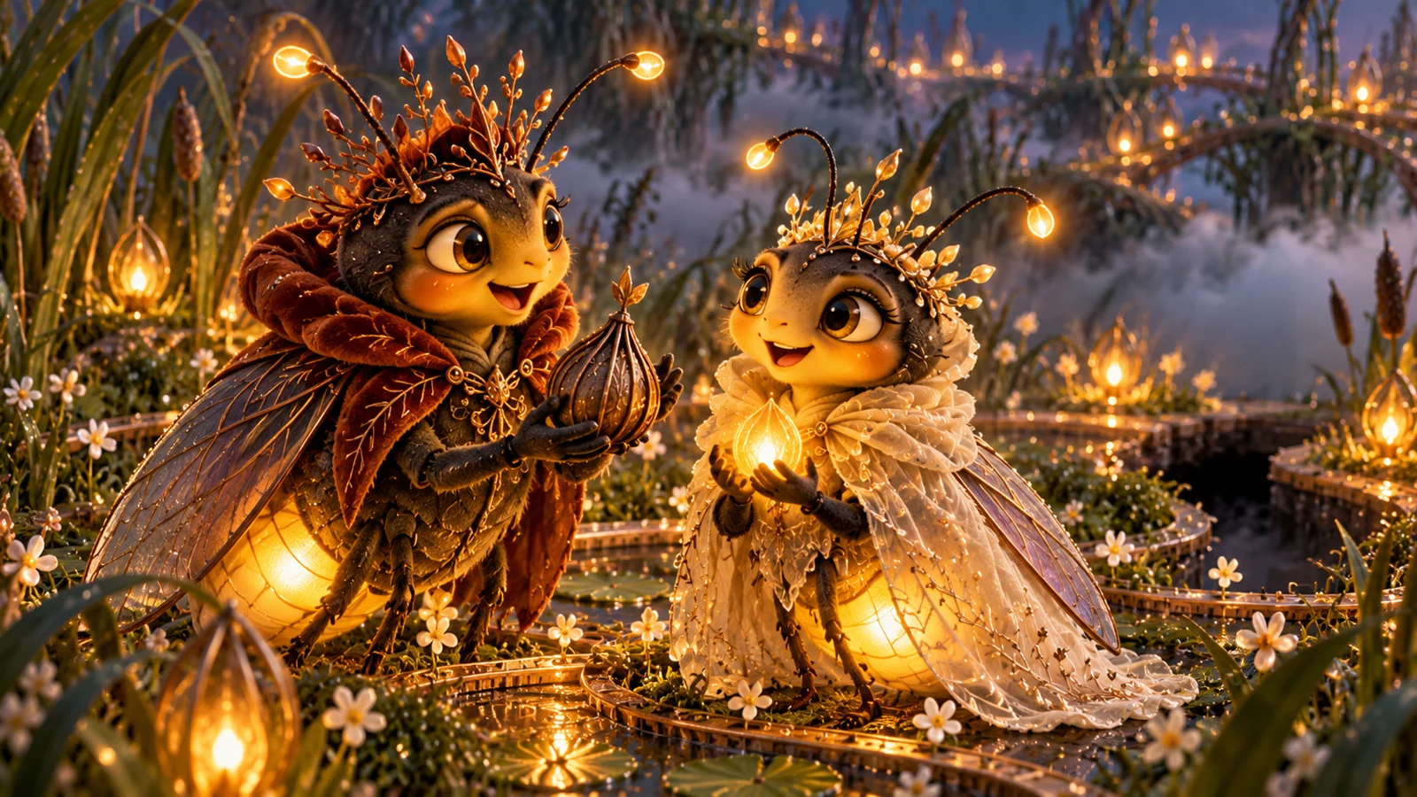 Firefly sovereigns with luminous lanterns among flowers.