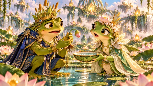 Frog sovereigns tend a flower in an enchanted water garden.