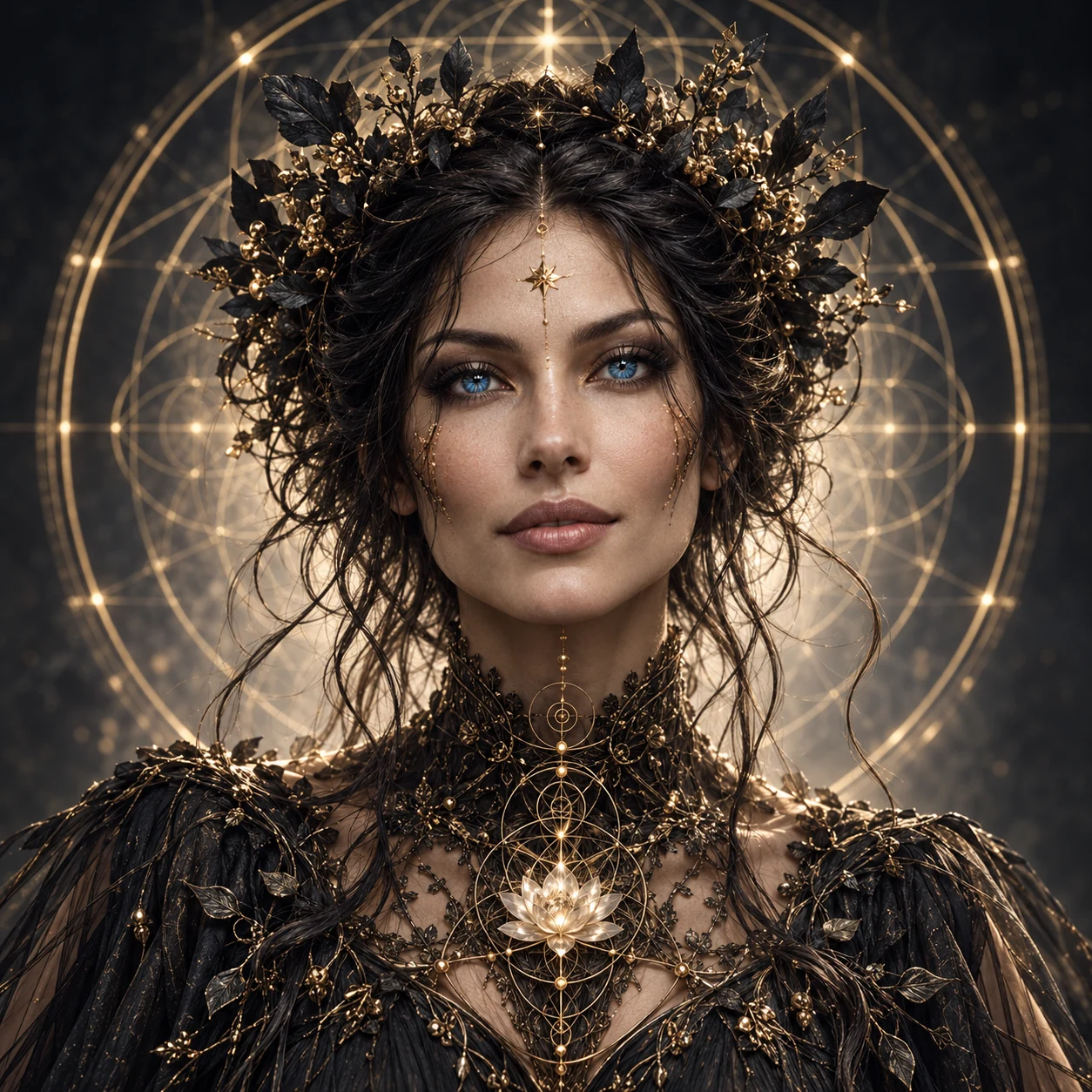 Adult Serafina with blue eyes and a dark botanical crown.