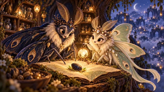 A mythic moth court in warm lamplight.